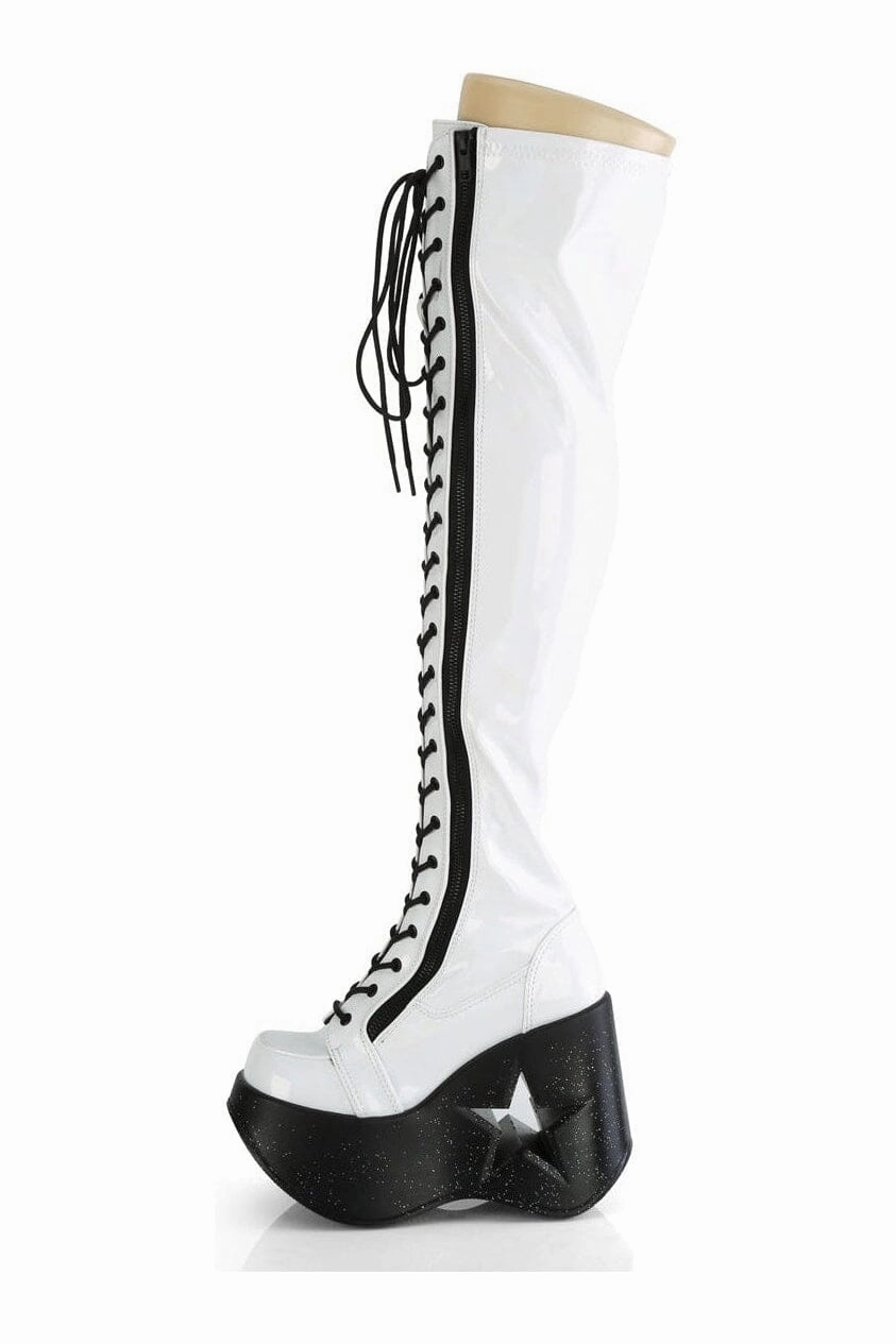 DYNAMITE-300 White Hologram Patent Thigh Boot