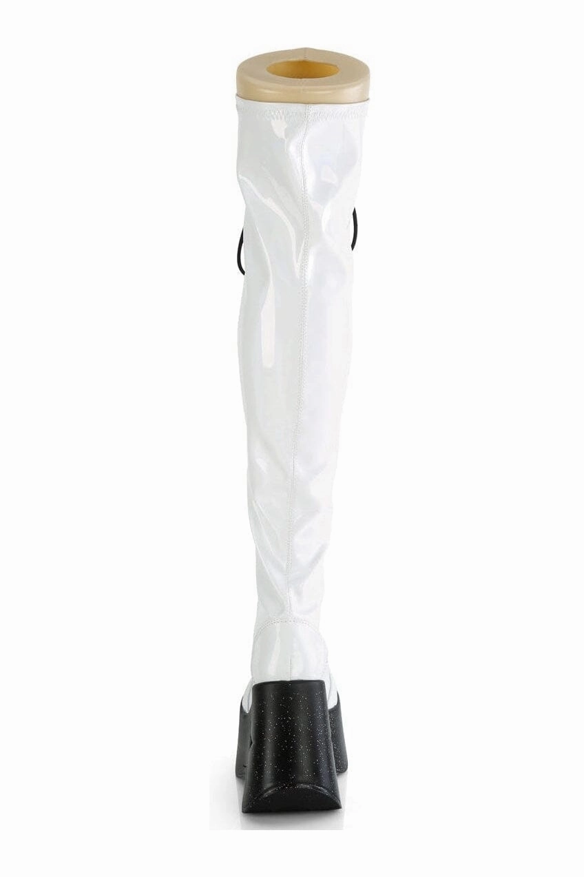 DYNAMITE-300 White Hologram Patent Thigh Boot