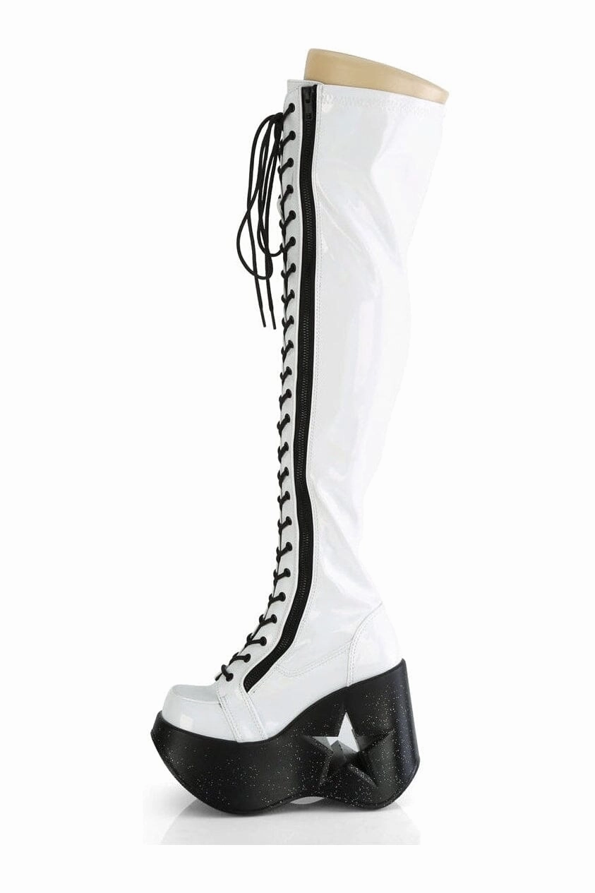 DYNAMITE-300 White Hologram Patent Thigh Boot