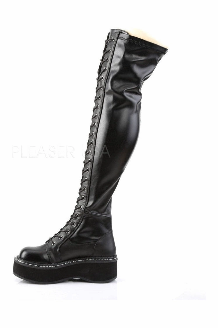 EMILY-375 Demonia Thigh Boot | Black Faux Leather