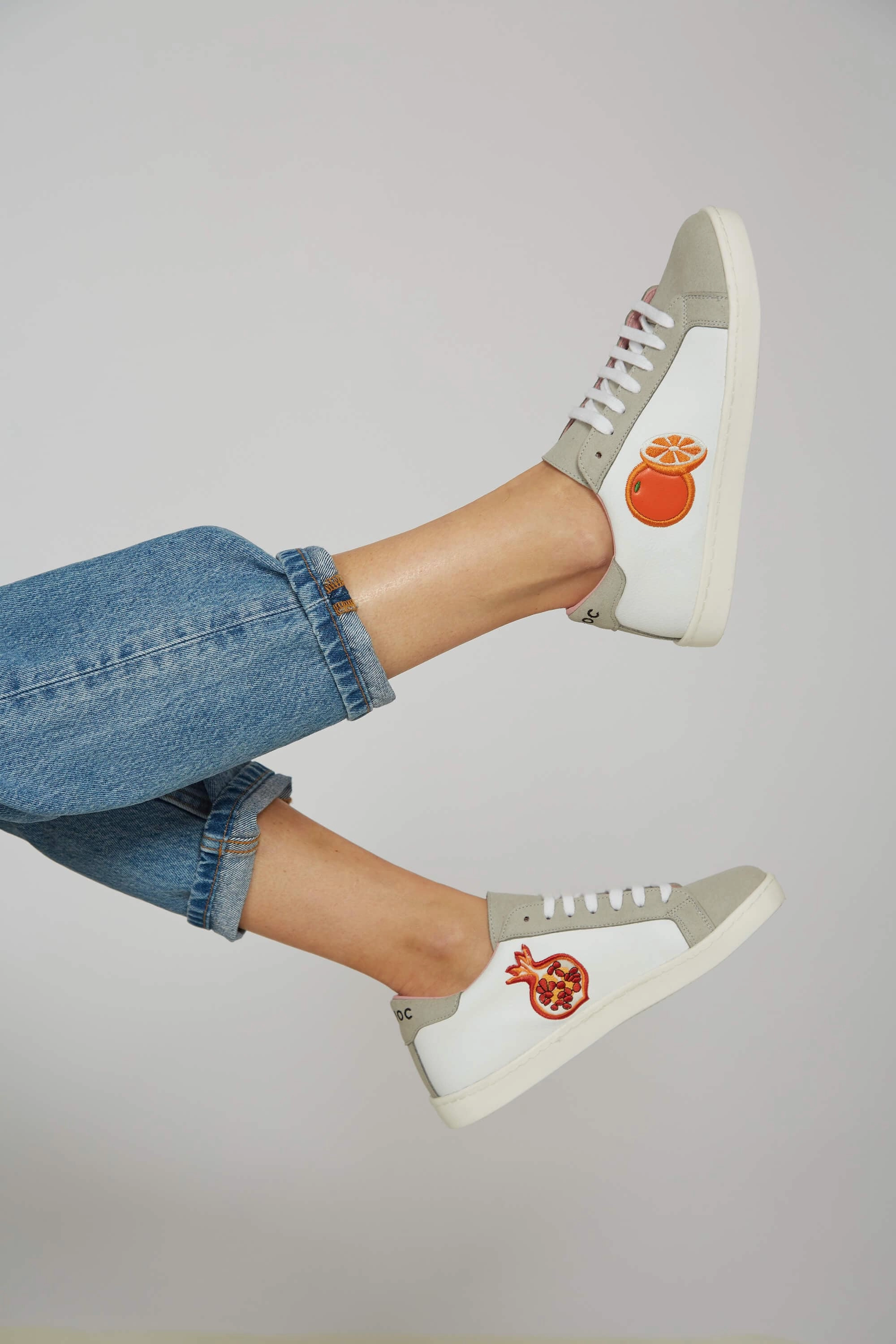 Fruit Vegan Leather Embroidered Sneakers | White & Grey