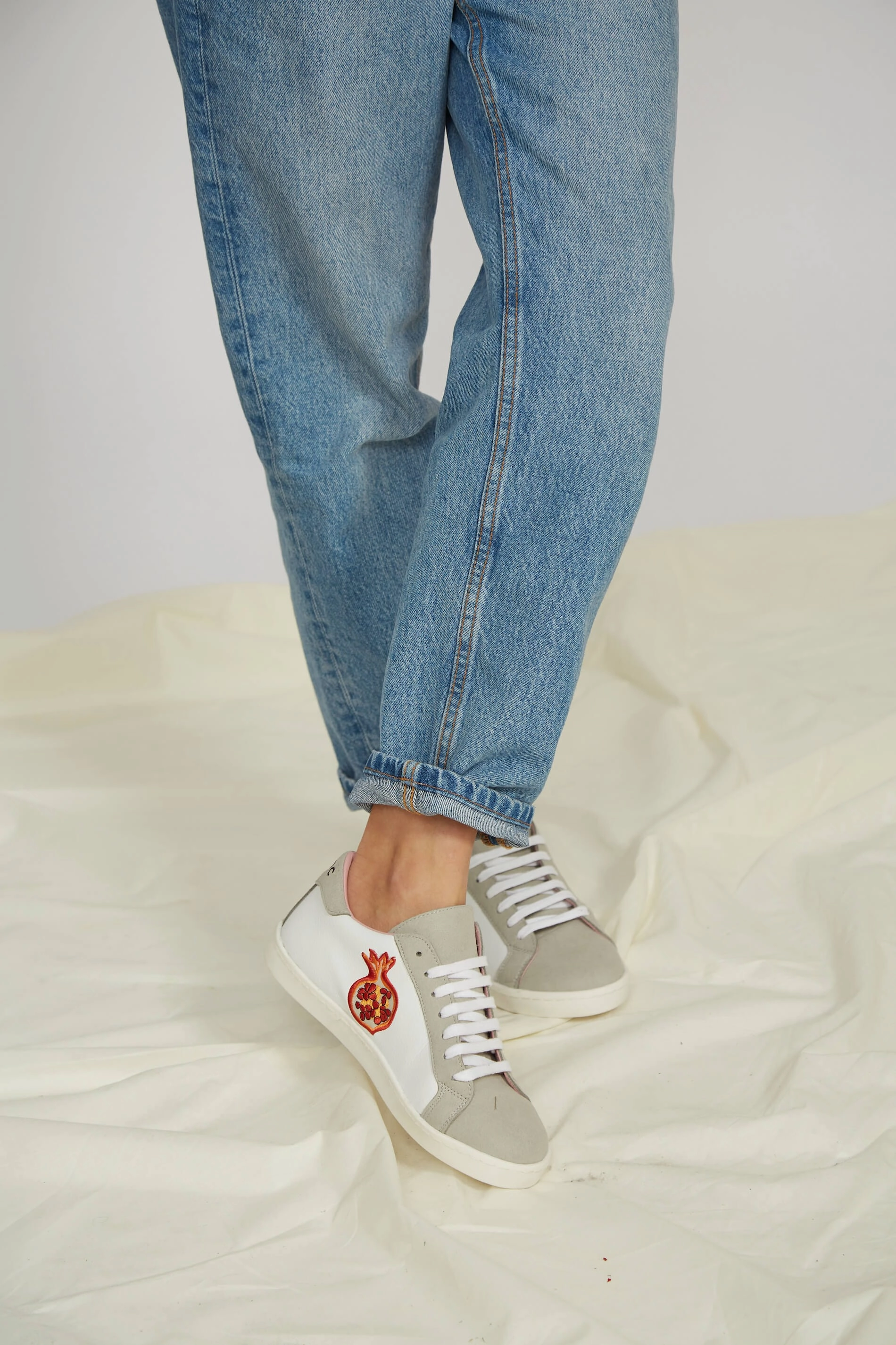 Fruit Vegan Leather Embroidered Sneakers | White & Grey