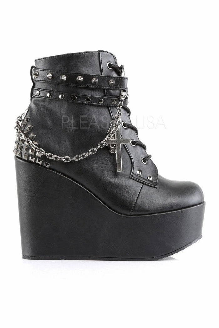 POISON-101 Demonia Wedge | Black Faux Leather
