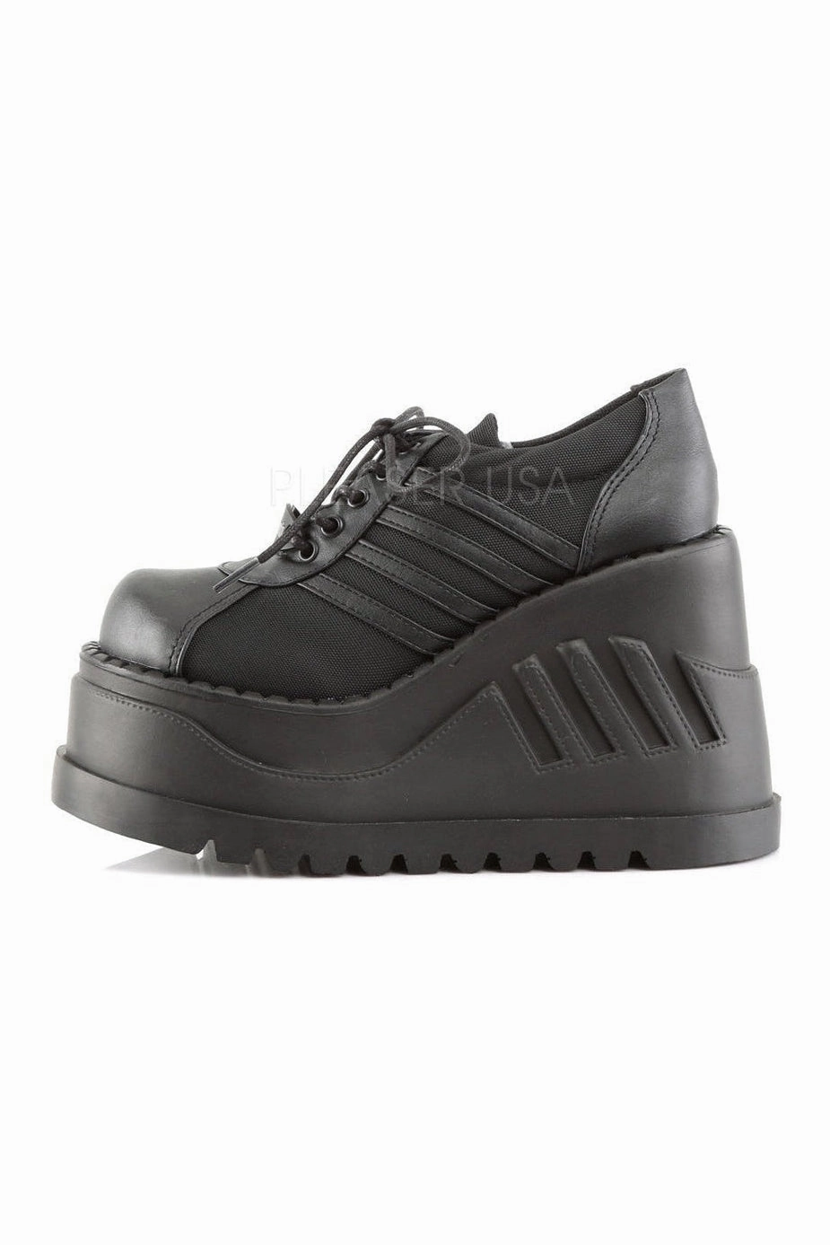 STOMP-08 Demonia Wedge | Black Faux Leather