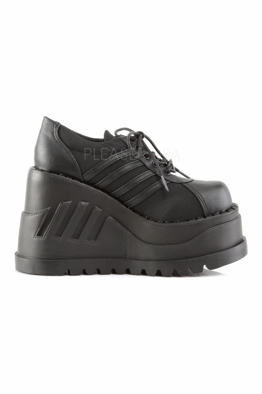STOMP-08 Demonia Wedge | Black Faux Leather